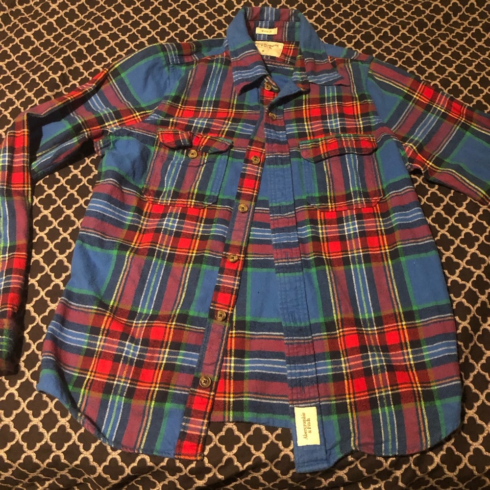 Abercrombie & Fitch Mens Flannel Shirt Small Muscle Plaid Button Red Blue K14